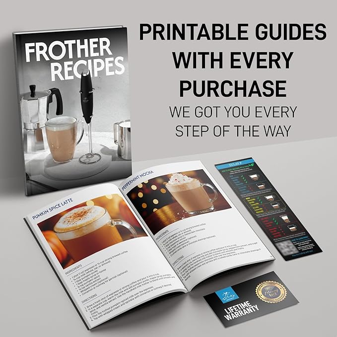 Zulay Kitchen Premium Gift Milk Frother Complete Set - Handheld Foam Maker, Stencils & Frothing Pitcher Set - Whisk Drink Mixer for Coffee - Mini Blender for Cappuccino, Frappe - Black