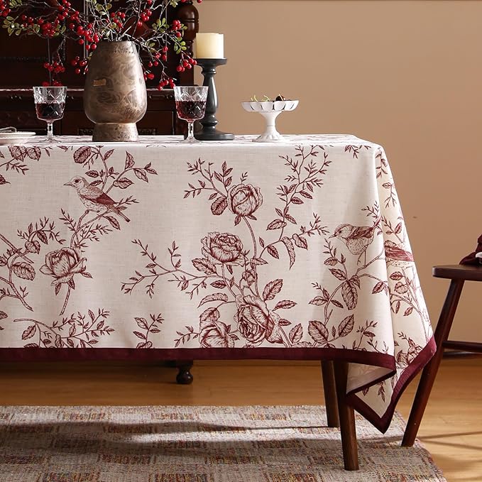 ISAENNE Designer Vintage Linen Small Rectangular Tablecloth,Red Floral Pattern Linen Stain Resistant Table Cloth,Decor Tablecloths for Dining Thanksgiving Kitchen Tea Party,55"*71"-Harmony