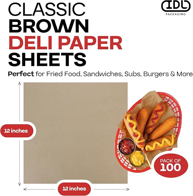 Brown Deli Paper Sheets, 12" x 12" (100 pcs.) - USA-Made Premium Food Basket Liners - PFAS-free Grease Resistant Deli Paper Sheets for Snack & Baking Wrap, Picnic & Party by IDL Packaging