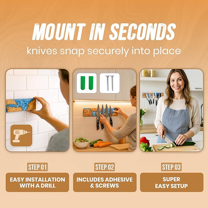 Magnetic Knife Holder for Wall 16 Inch |Premium Wood & Blue Resin| Epoxy Knife Magnetic Strip, Kitchen Knife Block Holder with Strong Magnet, Space-Saving, Handcrafted Style & Easy to Install