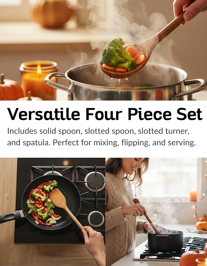 Acacia Wood Cooking Utensil Set with Skull Handles – 4-Piece FSC Certified Acacia Wood Kitchen Tools, Eco-Friendly Nonstick Safe Cooking Utensils (Spatula, Spoon, Slotted Turner, Slotted Spoon)