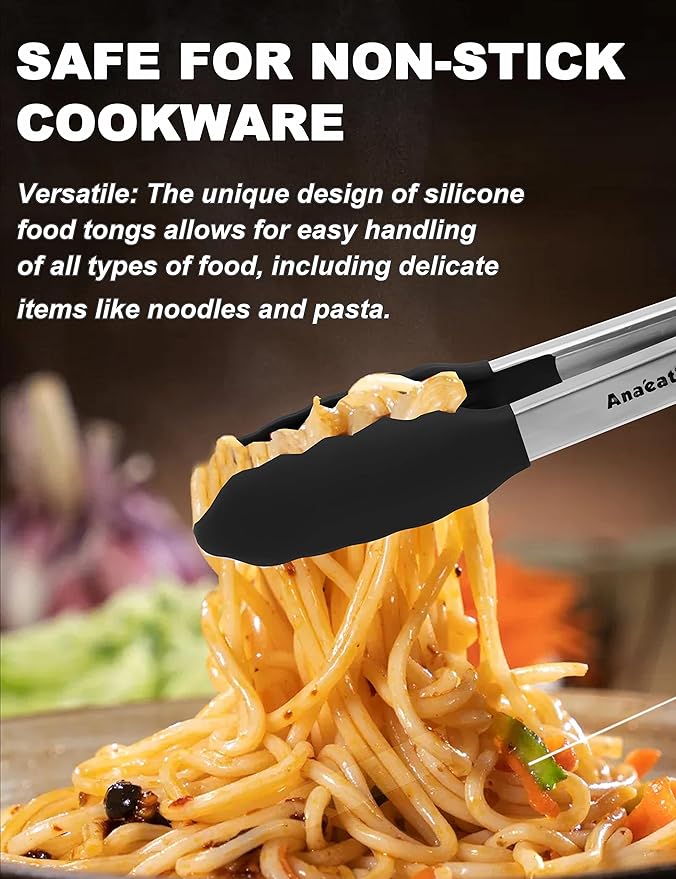 Anaeat Non-Stick Silicone Locking Tong - Stainless Steel 12" Kitchen Food Tongs with Non-Slip Silicone Tips and Grip for Cooking, Baking and BBQ - Heat Resistant up to 480°F (Black)