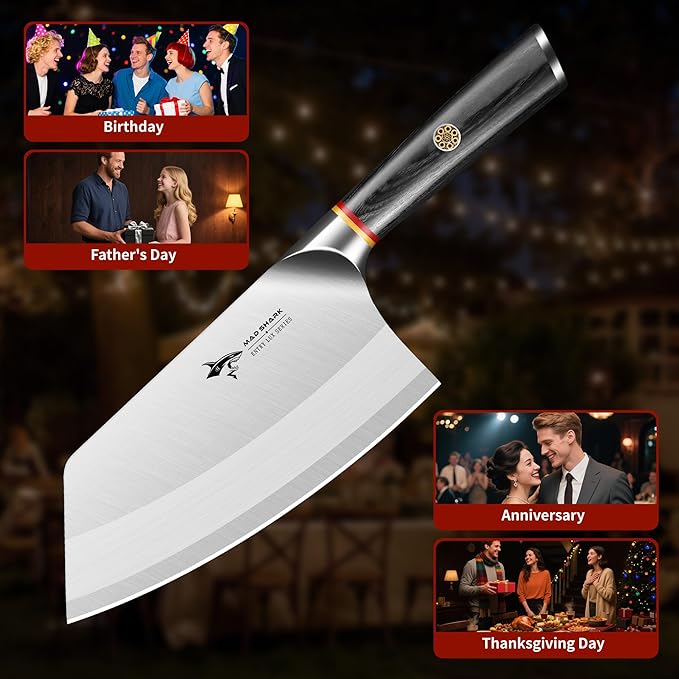 MAD SHARK 7 Inch Meat Cleaver Knife, German Stainless Steel Professional Vegetable Knife, Stainless Steel with Beautiful Pakkawood Handle, Heavy Duty Blade for Chef, Home Kitchen and Restaurant