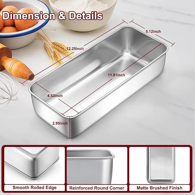 LIANYU 3 Pack Loaf Pans for Baking Bread 12 x 5 Inch, Stainless Steel Large Baking Pans Set, Deep Meatloaf Pans for Homemade Bread, Cakes, Sandwich, Solid & Durable, Dishwasher Safe