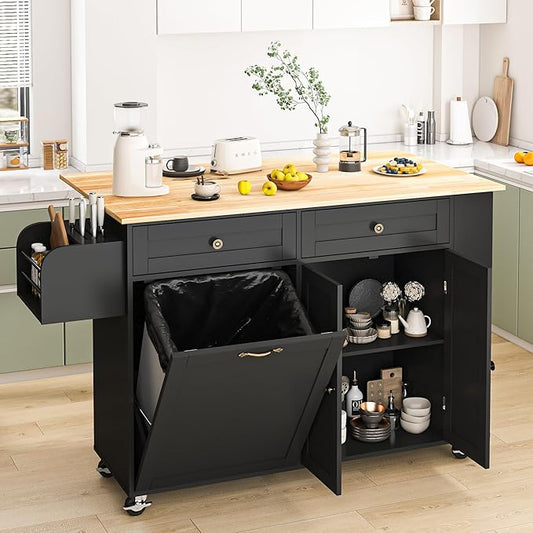 60'' Rolling Kitchen Island with Drop Leaf, Storage Islands Cart with Tilt Out Trash Can Cabinet, Rubber Wood Tabletop, Knife Holder, Wheels, Black