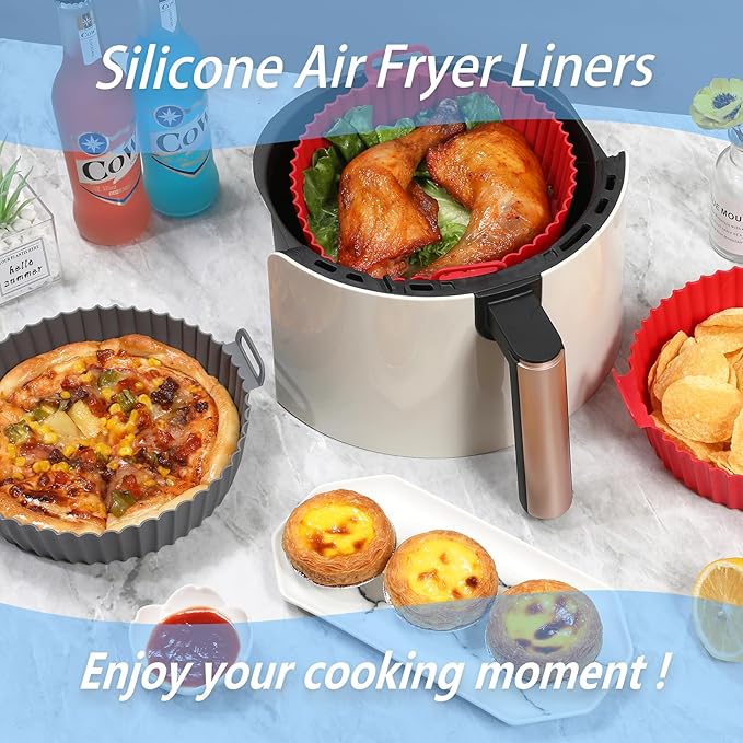 Air Fryer Silicone Liners, Pot 4 Pcs Reusable Non-Stick Air Fryer Basket Bowl Fit 3-5QT Air fryer Baking Replacement of Flammable Parchment Paper(Round, 6.5 Inch)