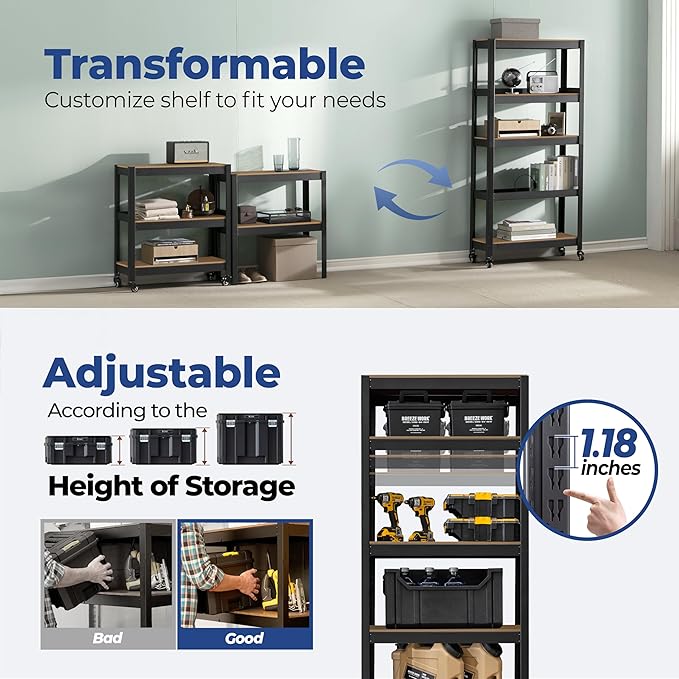 HOMEDANT House 5-Tier Metal Rolling Cart Shelf Rack Casters Heavy Duty Laminated Wheel Shelving Unit Adjustable Utility Storage Shelves Organizer Shelf Kitchen Garage 24.4" W x 16.5" D x 62.2" H 1Pack