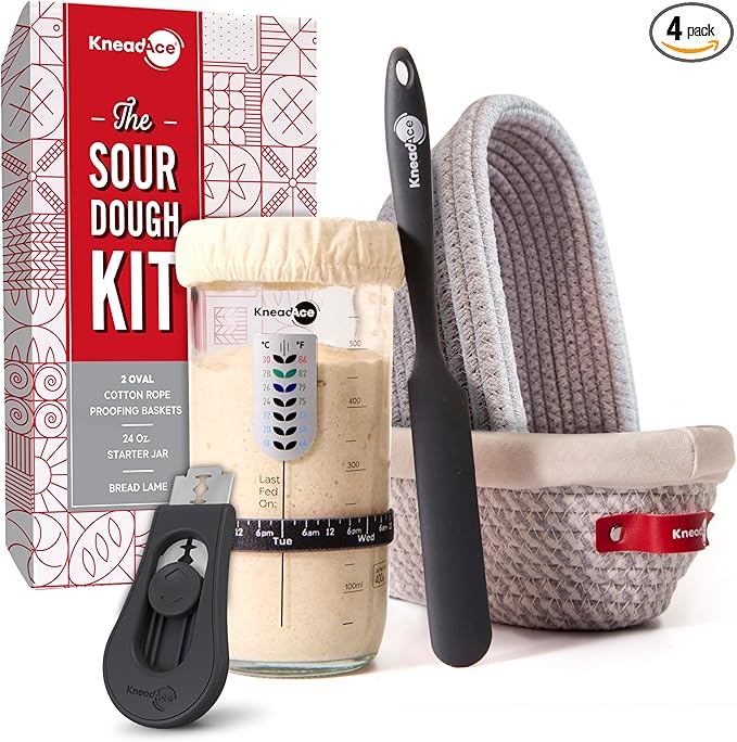 KneadAce Sourdough Starter Kit (24oz Jar, 2xOval Baskets, Gray Bread Lame)