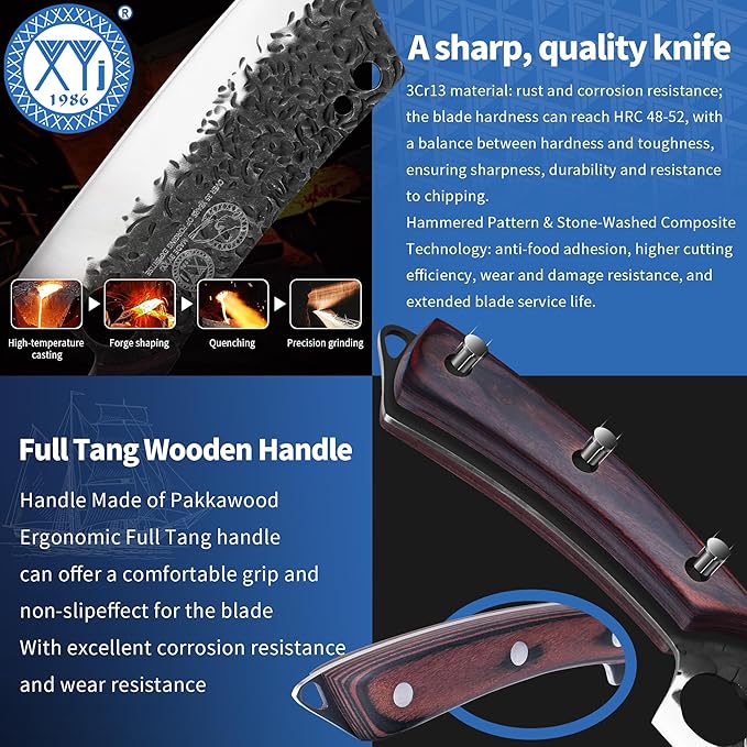 XYJ Knife Block Set, Knives Set with Holder, Cutting Board, Scissors, Gloves, Sharpening Stick, Washing Cloth, High-Carbon Steel Blades, Chef's Knives, Cleaver, Carving Knife, Nakiri, Full Tang Design