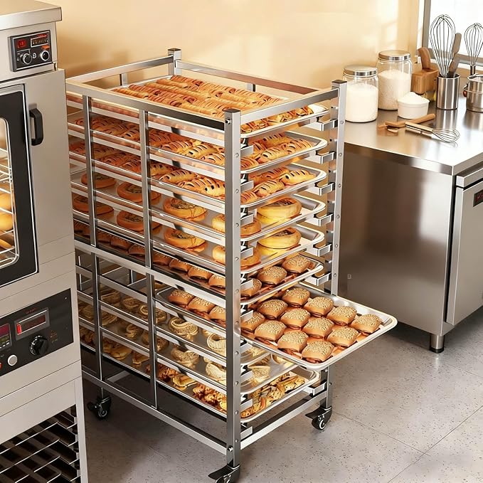 Bun Pan Rack, Commercial Bakery Sheet Rack with Brake Wheels, 30-Tier Stainless Steel Baking Tray Food cart ，for Bakeries Restaurant & Catering（Trays Not Included） ﻿ (30 Tier)