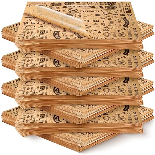 600 Pcs 12 x 12 Inch Deli Wax Paper Sheets Grease Resistant Tray Basket Liners Newsprint Paper Water and Grease Proof Sandwich Wrapping Square Hot Dog Wrappers for Food Baking (Brown)