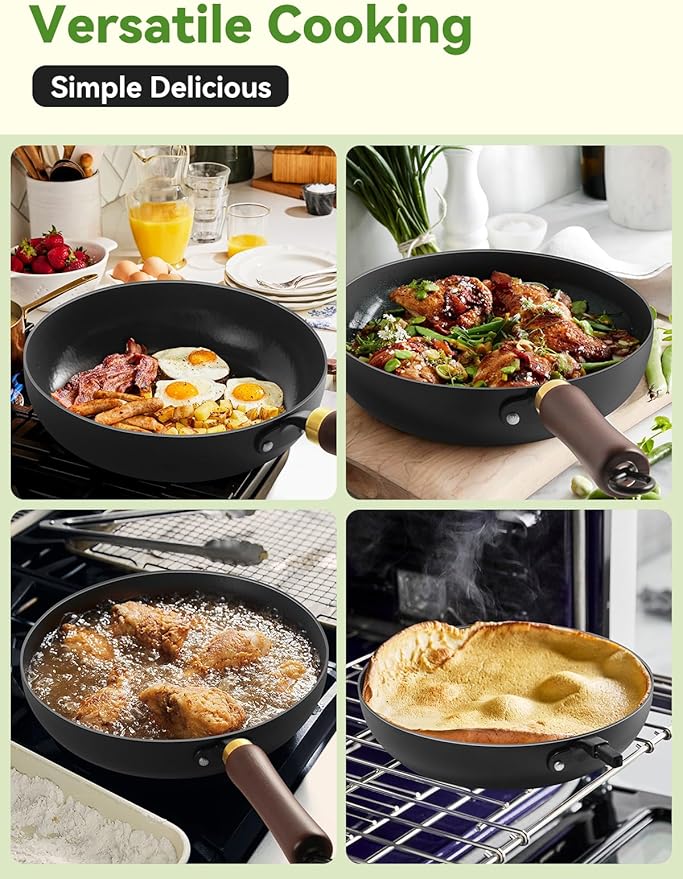 Carbon Steel Skillet, 11-Inch Nonstick Frying Pan, Stay-Cool Wooden Handle, Non Toxic, PTFE & PFOA Free Oven-Safe, Season-Free Enameled Carbon Steel Pan