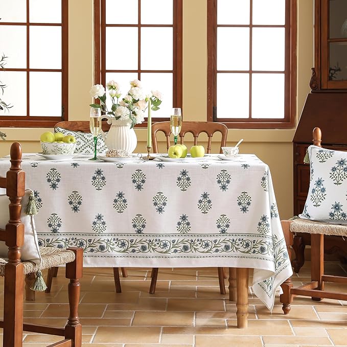 ISAENNE Designer White Linen Small Tablecloth Rectangular,Chinoiserie Floral Elegant Indoor Table Cloth,Fall Stain Proof Decor Tablecloths for Dining Thanksgiving Kitchen,55"*87"-Mosella F