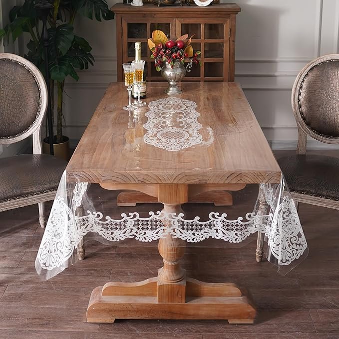 Rectangle Waterproof Clear Table Cover Protector Vinyl Table Cloth Oil Spill Proof Wipe Clean Lace Plastic Tablecloths for Dining Tables (White, 52 x 70 Inches)