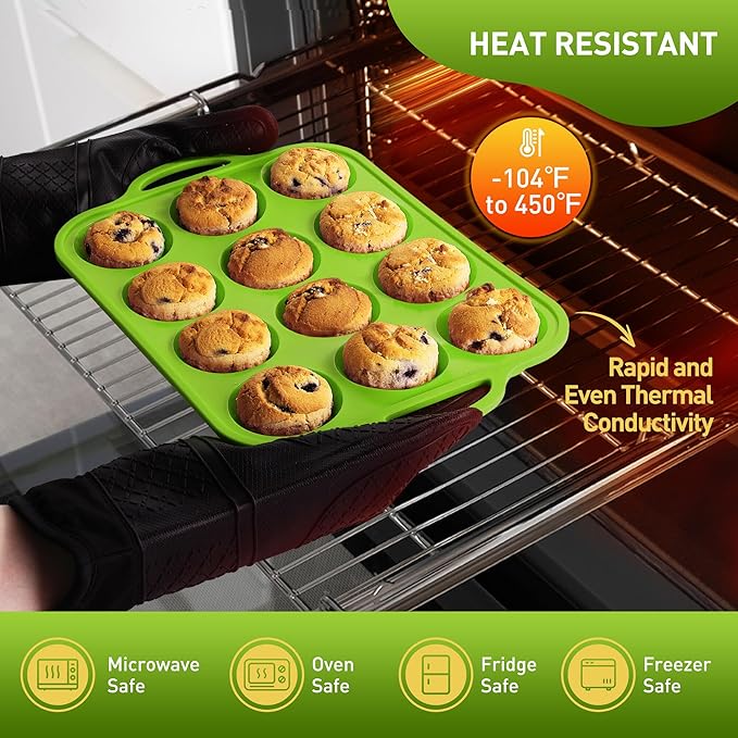 12 Cups Silicone Muffin Pan with Metal Reinforced Frame Regular Size Cupcake Pan Tray Egg Bites Silicone Circle Cookie Molds Muffin Tin Tart Pans Baking Sheet Set for Oven Dishwasher Safe