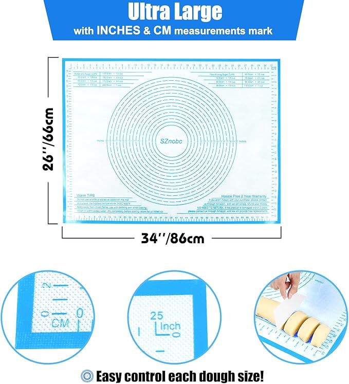 Non-slip Silicone Pastry Mat 34X26 inches Baking Mat with Measurement, Perfect for Dough, Pastry, Pie Crust, Fondant, Cookies, Bread, Pasta, Pizza, Counter Mats
