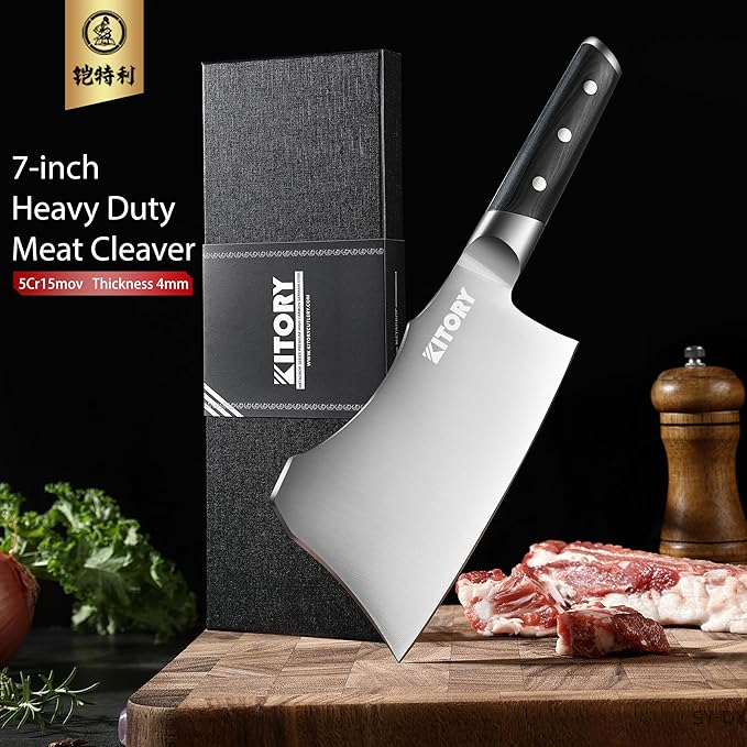 Meat Cleaver with Large Handle - 7 inch Kitchen Bone Chopper,German High Carbon Stainless Steel Chopping Knife with Ergonomic Wodden Handle - for Home Kitchen and Restaurant with Gifts Box