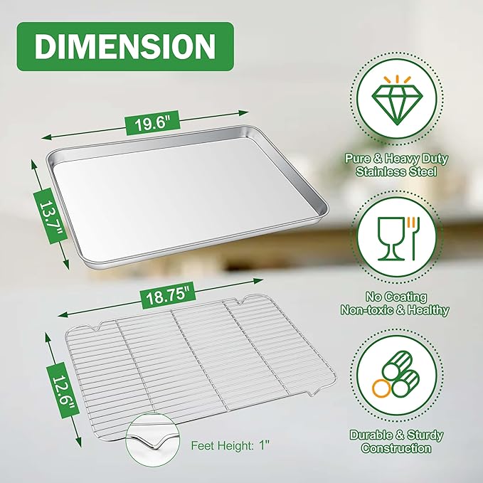19.6 Inch Baking Sheet Pan with Rack Set, Joyfair Stainless Steel Toaster Oven Pans Tray & Cooling Racks for Cookie/Jelly Roll/Bacon/Meat, Commercial Metal & Rust-free, Dishwasher Safe