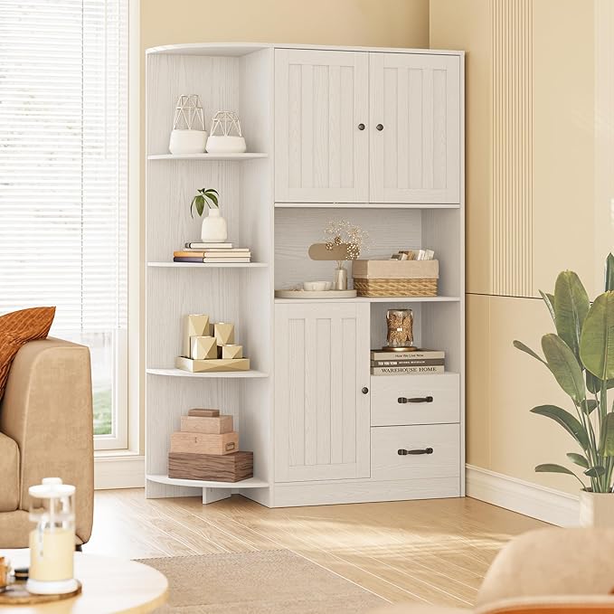 Gizoon 60.4" Pantry Cabinet with Coffee Bar, Tall Kitchen Pantry Storage Cabinet with Microwave Stand and 2 Drawers, Farmhouse Hutch with 4 Open Tiers for Dining Room and Kitchen Organization, White