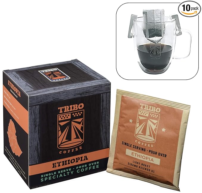 Tribo Coffee Single-Serve Portable Pour Over Drip Coffee - Ethiopia - 10 Servings (Light Roast)