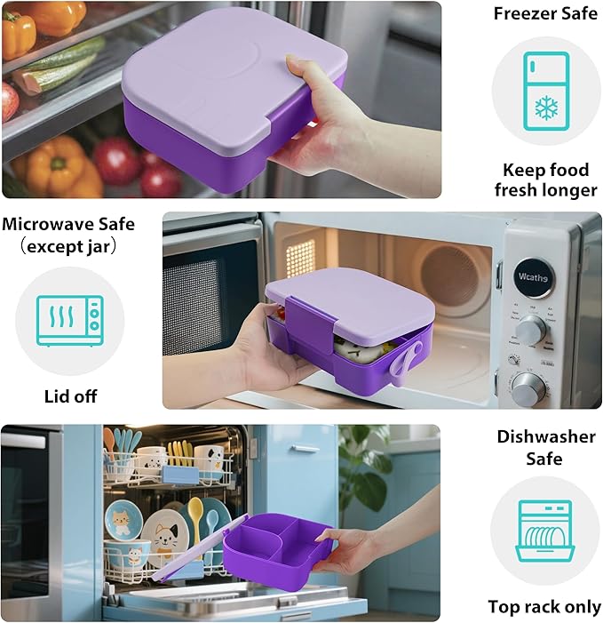 TinyPalsa Bento Box for Kids, 3 Compartment Kids Lunch Box with 10oz Leak Proof Thermos Food Jar, Easy-Open Latch, Dishwasher Safe, Ideal for School, Daycare, Travel with Portable Handle (Purple)