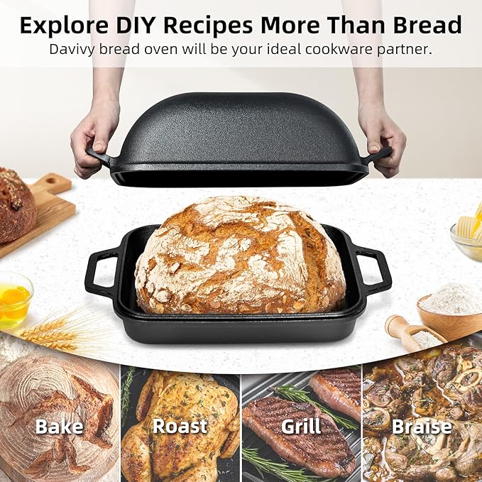 Davivy 9QT Pre-Seasoned Dutch Oven for Sourdough Bread, Non-stick Cast Iron Sourdough Bread Loaf Baking Pan, Large Capacity Cast Iron Loaf Pan, with Silicone Oven Mitts
