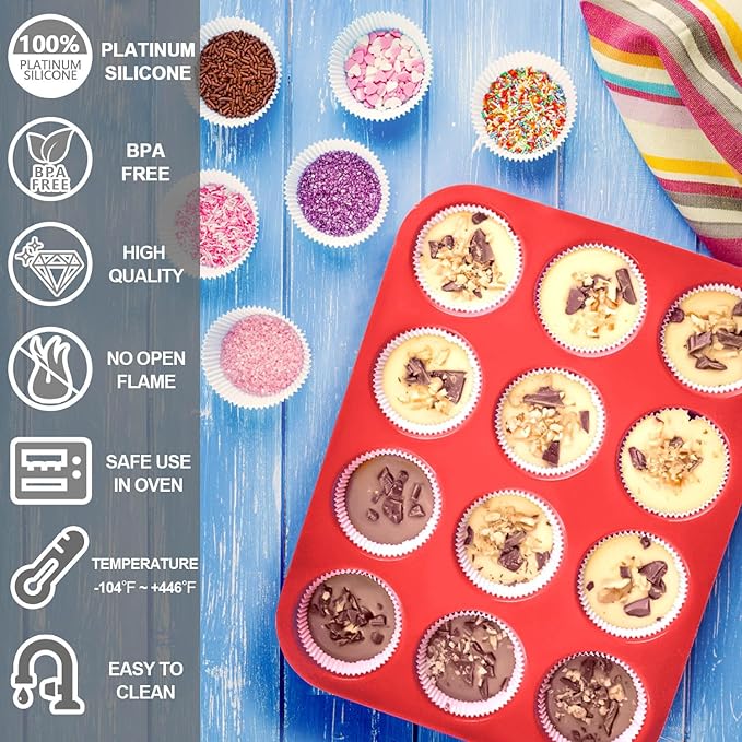 Anaeat Silicone Muffin Pan - Regular 12 Cups Cupcake Tray, Non-Stick Silicone Baking Molds for Making Muffin Cakes, Cupcake, Chocolate, Bread,Tart and Desserts, Just Pop Out