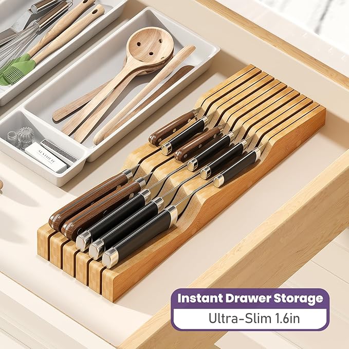 Bamboo In-Drawer Knife Block for 11 Knives(Not Included), Knife Drawer Organizer,Knife Holder Countertop,Block Knife Storage Organizer for Kitchen