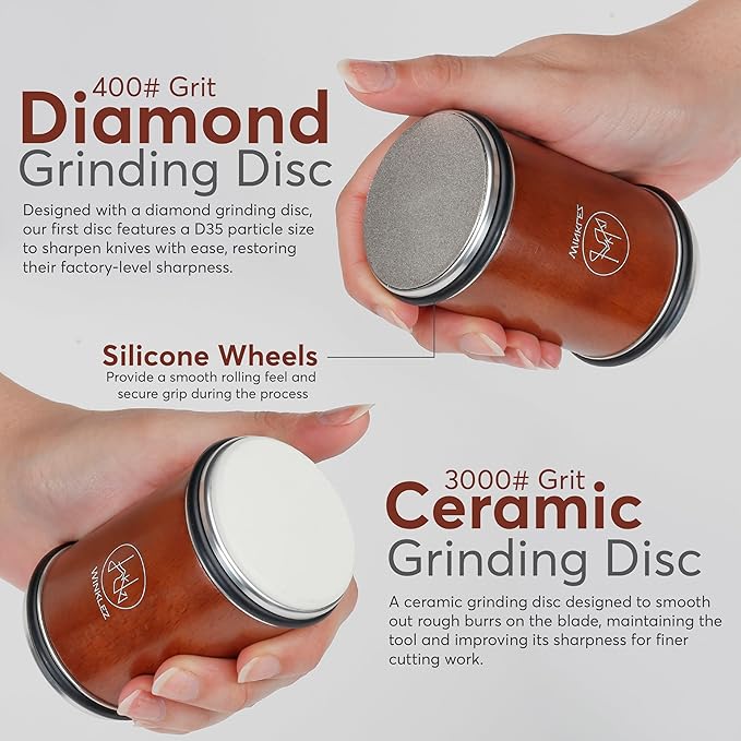 Rolling Knife Sharpener with Diamond and Ceramic Discs, Adjustable Kitchen Knife Sharpenier with 10°, 12°, 17° & 25° Magnetic Angles, Strong and Durable Knife Sharpener (Brown)