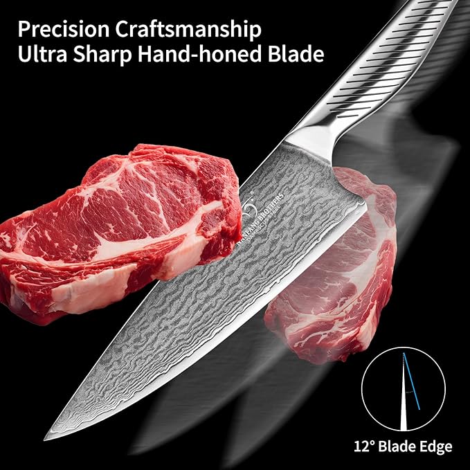 NANFANG BROTHERS® Kitchen Knife Set with Magnetic Knife Holder, 6-Piece Damascus Steel Knives & Acacia Wood magnetic Block - Includes Chef, santoku, Bread, Small Santoku, Fruit Knives