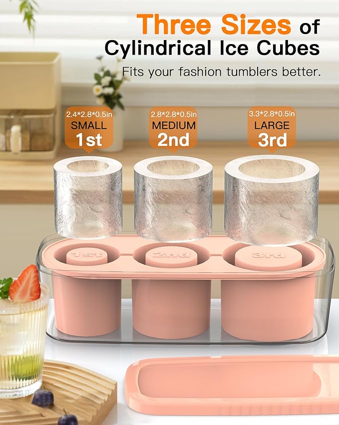 Ice Cube Tray for Tumbler Cup 30Oz-40Oz, 3 Pcs Silicone Cylinder Ice Mold with Lid and Bin for Freezer, Easy Fill and Release Ice Maker for Whiskey, Cocktail BPA-Free (Pink, 40Oz)