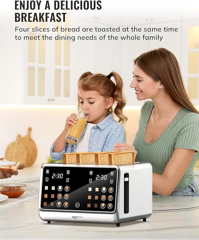 Keenstone Toaster 4 Slice, Digital Smart Toaster with TouchScreen, Dual Control Panel, Single Slot Toasting, Timer, Reheat & Defrost for Bagels, Bread, Waffles, Stainless Steel Kitchen Essentials