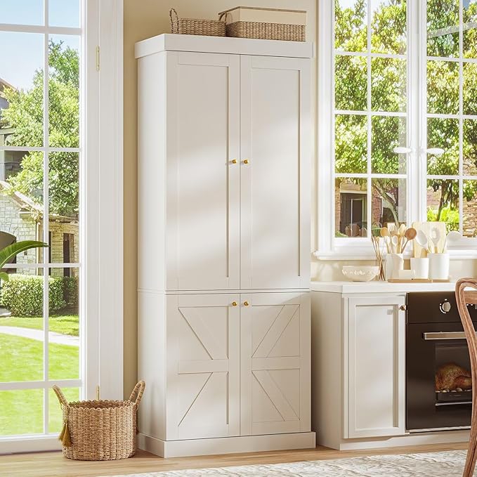 70.8" Tall Farmhouse Bookshelf, Modular Bookcase with Glass Doors, 6-Tier Adjustable Shelves, Large Storage Cabinet for Kitchen, Living Room, White, Set of 4