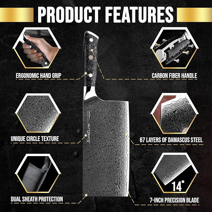 SliceElite Elite Series 7 Inch Meat Cleaver Knife Damascus VG10 Core Forged Carbon Fiber Handle Heavy Duty Chopper Sharp Kitchen Butcher Bone Cutter Vegetable Fruit Chef Tool Dual Protection Gift
