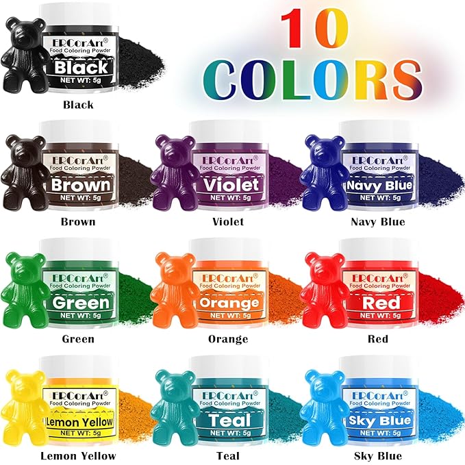 Food Coloring Powder - ERCorArt 10 Vivid Colors Powder Food Dye, Highly Concentrated Flavorless Food Coloring for Baking, Frosting, Cake Decorating, Icing, Cookies, Slime - 5g/Bottle
