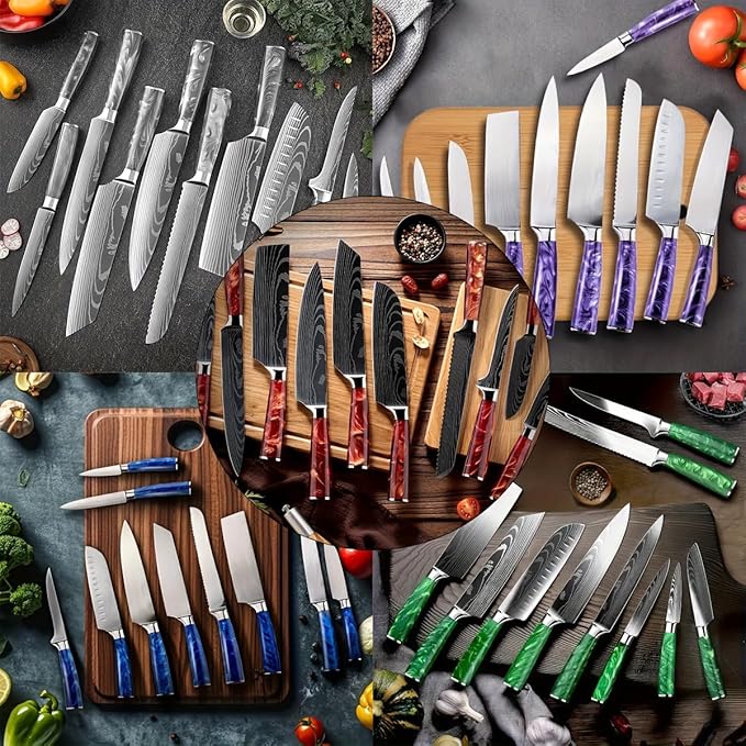 8-Piece Premium Japanese Kitchen Knife Set - Imperial Collection, Laser Damascus Pattern, 440A Stainless Steel Ultra Sharp for Fast Cutting (Purple 8J)