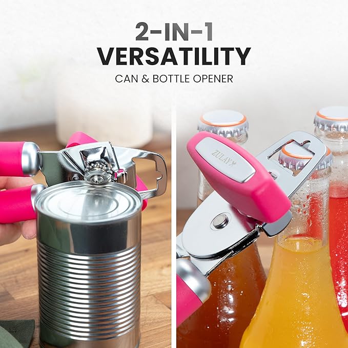 Zulay Kitchen Heavy Duty Stainless Steel Can Opener Manual with Bottle Opener - Rust Proof Manual Can Opener With Turn Knob & Comfy Soft Grip Handles - Dragonfruit