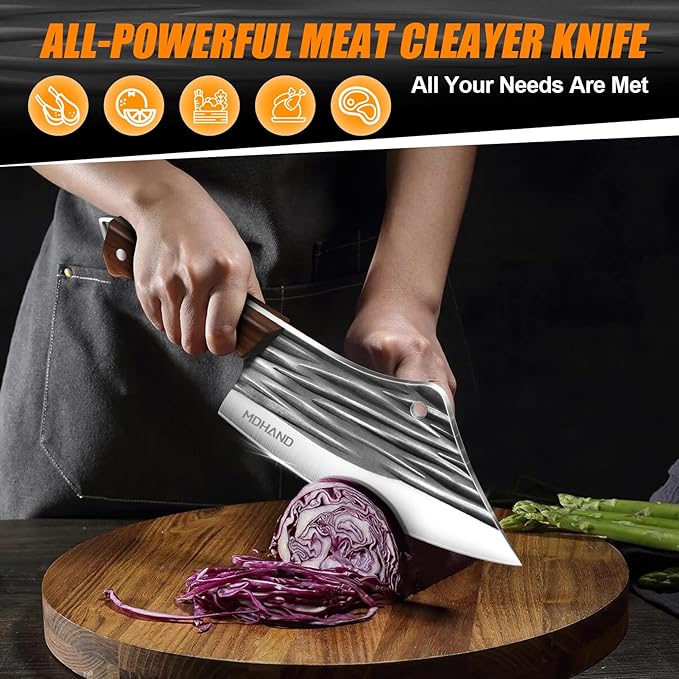 MDHAND 14PCS Professional Butcher Knife Set with Roll Bag, Hand Forged Serbian Chef Knife Set, Heavy Duty Meat Cleaver Knives, Boning Knife, Meat Cutting Knife for Kitchen, Gift for Men, BBQ, Camping
