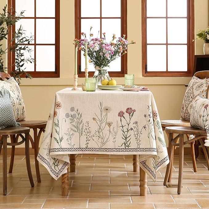 ISAENNE Designer Off White Linen Long Tablecloth Rectangular,Floral Elegant Table Cloth,Stain Resistant Vintage Decor Tablecloths for Dining Thanksgiving Kitchen Christmas,63"*94"-Serenity G
