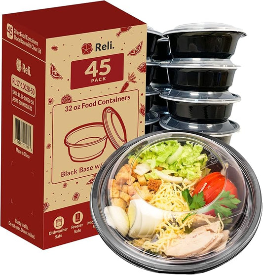 Reli. Meal Prep Containers, 32 oz. | 45 Pack | Reusable Meal Prep Bowls/Food Containers | Microwavable Bowls with Airtight Lids, Black Food Storage