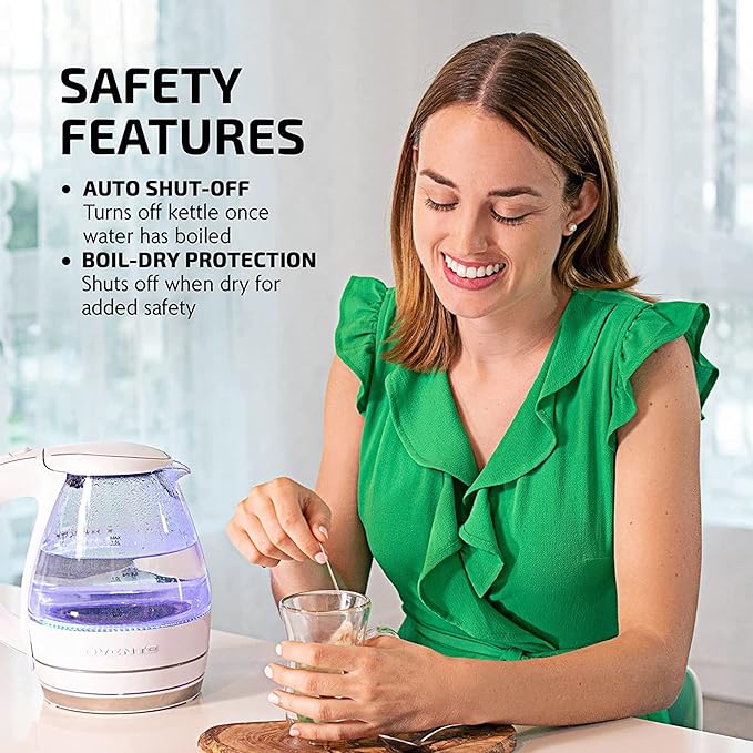 OVENTE Electric Kettle, 1.5L Borosilicate Glass Countertop Water Heater and Boiler for Coffee or Tea, BPA-Free, Auto Shut-Off, Boil-Dry Protection, Removable and Washable Spout Filter, White KG83W