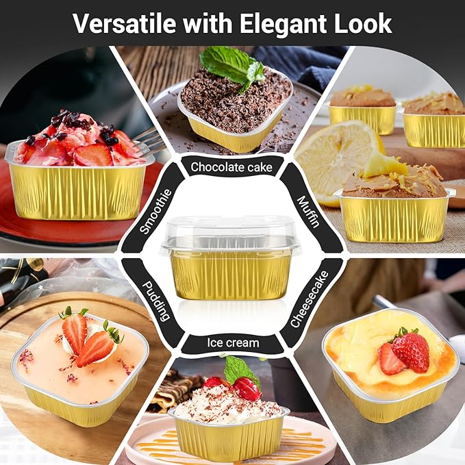 EUSOAR Baking Cups Aluminum Foil, 10oz 50pcs Reusable Disposable Ramekins Cupcake Cups with Lids, 300ml Square Muffin Liners, Desserts Flans, Creme Brulee Cups, Pudding Cups, Catering Party Favor-Gold
