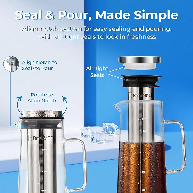 Cold Brew Coffee Maker, 1.4L/48Oz Cold Brew Pitcher | Ice Tea Maker with Airtight Glass Carafe, Filter, Non-Slip Base, Comfort Handle, Wide Spout (Grey)