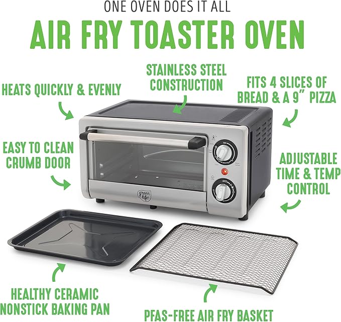 GreenLife Countertop Toaster Oven Air Fryer Stainless Steel, Healthy Ceramic Nonstick, PFAS Free, Tray & Basket, Bake, Broil, Reheat, Adjustable Temp & Time Control, Auto Shutoff, Black