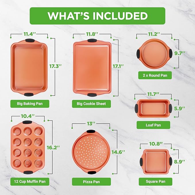 NutriChef 8 Piece Baking Pans Set - Nonstick Carbon Steel Bakeware Set w/ Silicone Heat-Safe Handles - Includes Loaf Pan, Muffin Pan, Cookie Sheets, Pizza Crisper, Roasting Pans - Rose Gold