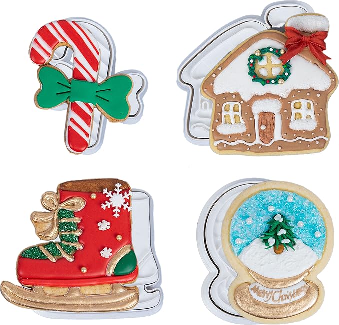 Flycalf Christmas Cookie Cutters for Kids Baking with Stamper Stencil 3D Cake Decorating Pastry Kitchen Mold Supplies Christmas Shapes Holiday Birthday Party Biscuit Fondant Tools