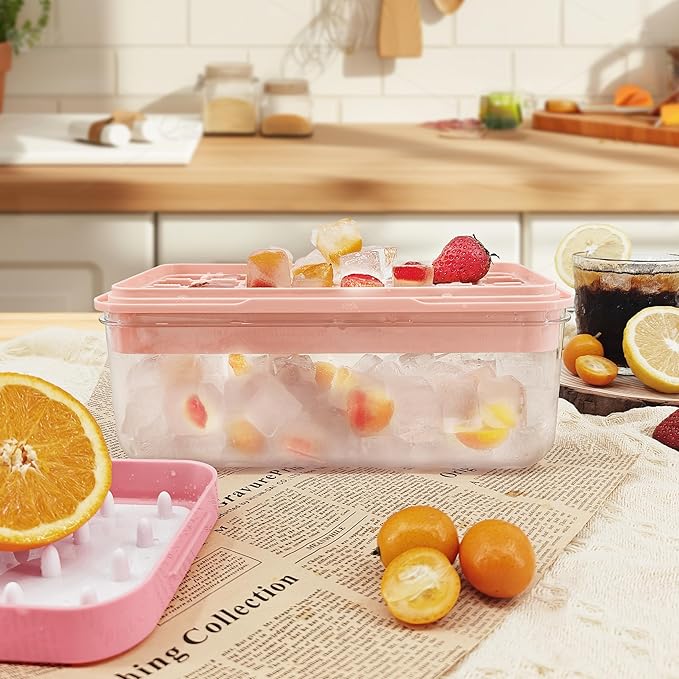 Satax Silicone & Plastic Ice Cube Trays with Lids and Bin - Durable, BPA-Free, Easy Release, Perfect for Cocktails, Coffee & More (1, pink)