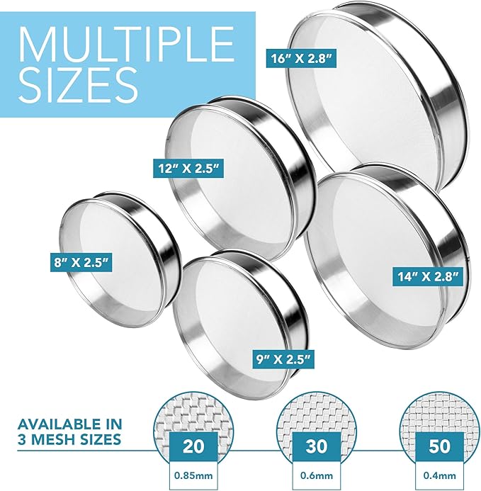 Stainless Steel Flour Sifter Fine Mesh Round Flour Sieve for Baking 16.5" Diameter x 2.88" High; 20 Mesh (Hole Size 0.85mm)