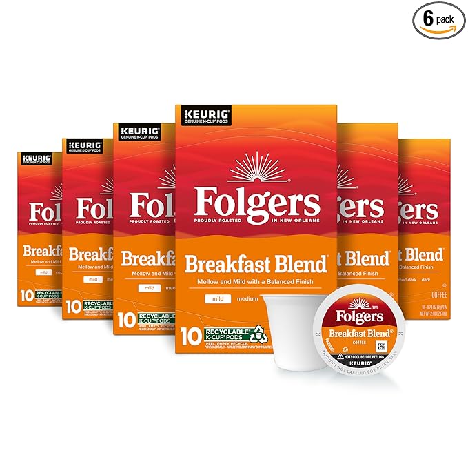 Folgers Breakfast Blend Coffee, Mild Roast, Keurig K-Cup Pods, 10 Count (Pack of 6)