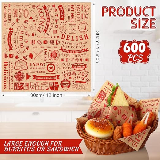 600 Pcs 12 x 12 Inch Deli Wax Paper Sheets Grease Resistant Tray Basket Liners Newsprint Paper Water and Grease Proof Sandwich Wrapping Square Hot Dog Wrappers for Food Baking (Red on Brown)